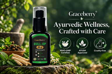 Bull Up Gold Ayurvedic Stamina & Strength Oil for Men" / "Graceberry Herbal Massage Oil – Safed Musli & Ashwagandha